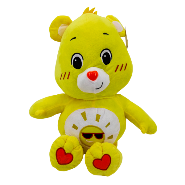 Gelbes Glücksbärchen Plüschtier mit Bauchmotiv „Sonne, die eine Sonnenbrille trägt“, ca. 44 cm sitzend (ca. 60 cm Gesamtlänge inkl. Beine).